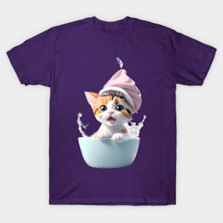 Calico kitten with bathing cap splashing in her bathtub T-Shirt